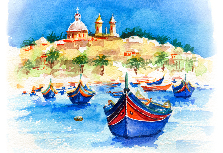 Watercolor sketch of traditional eyed colorful boats Luzzu and church in the Harbor of Mediterranean fishing village Marsaxlokk, Malta